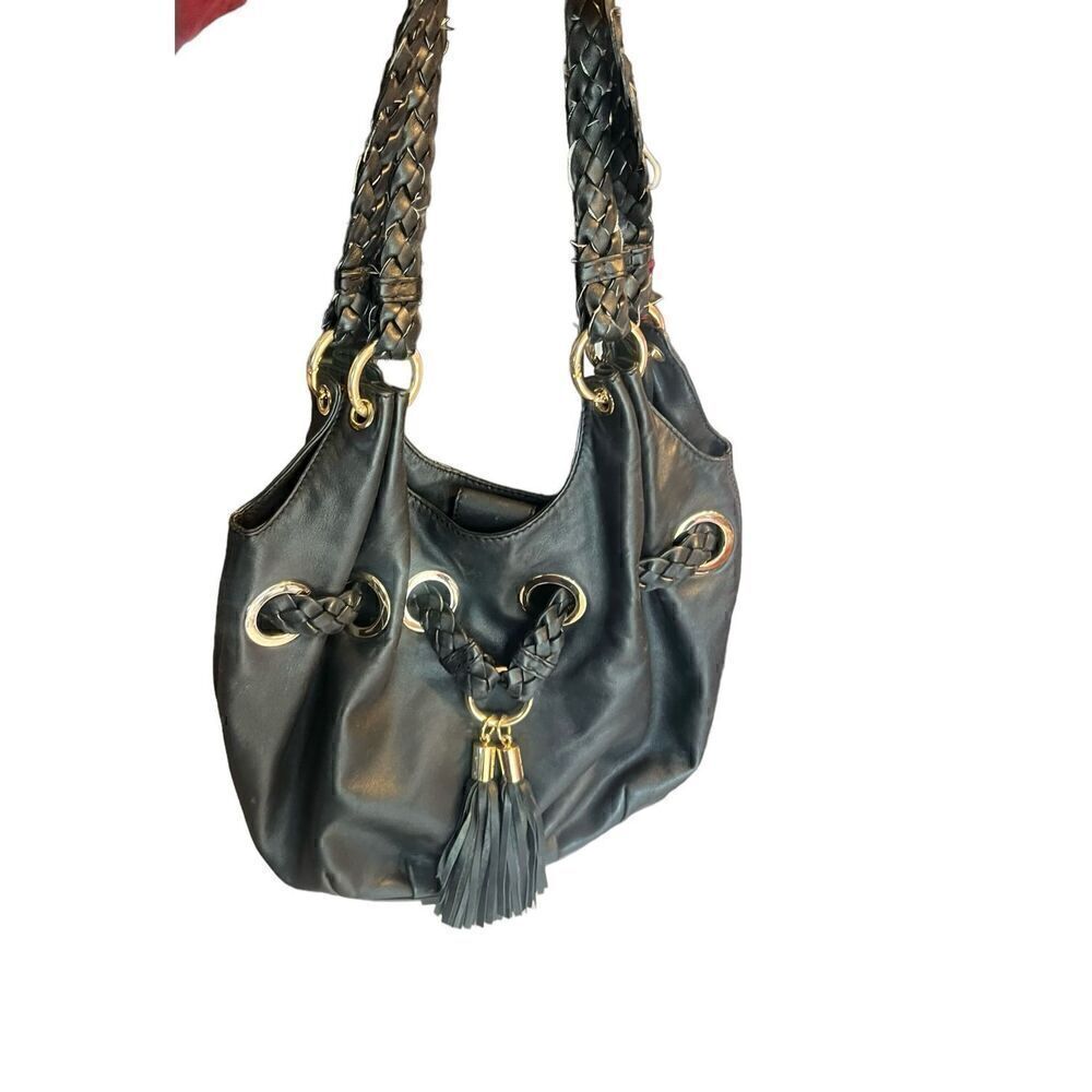 Michael Kors black leather hobo braided handle shoulder bag bucket tassel - Picture 3 of 8